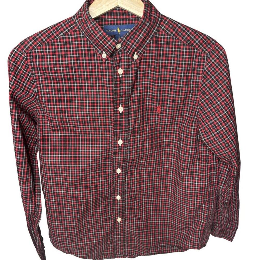 Ralph Lauren Boys Large 14-16 Plaid Button Down Shirt Red Black Check Cotton